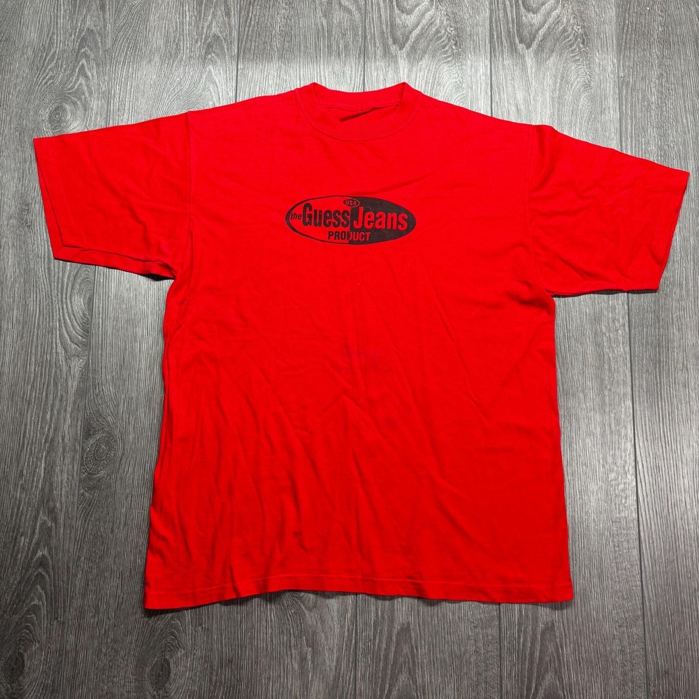 Vintage Guess Jeans 1990s T Shirt XL Red Streetwear Spell Out Single Stitch